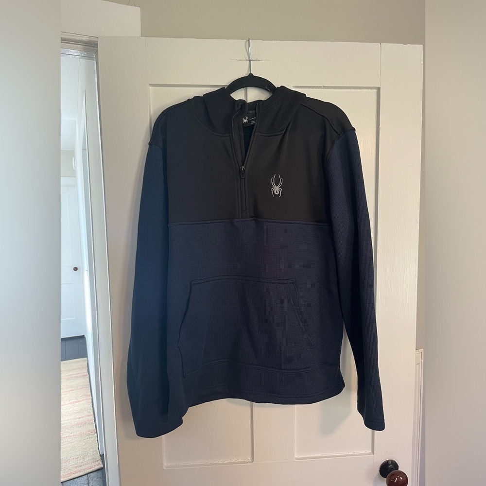 Spyder 1/4 Zip Hooded Sweater Jacket Size Large Blue and Black